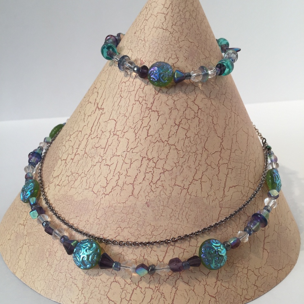 Blue Green & Purple Crystal Necklace & XL Bracelet